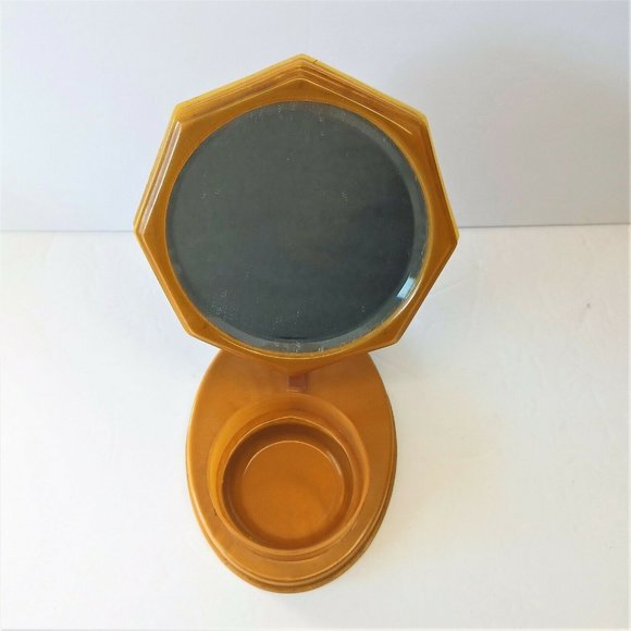 Vintage Vanity 6.5" Folding Mirror & Powder Box (no lid) celluloid amber color - Picture 2 of 6